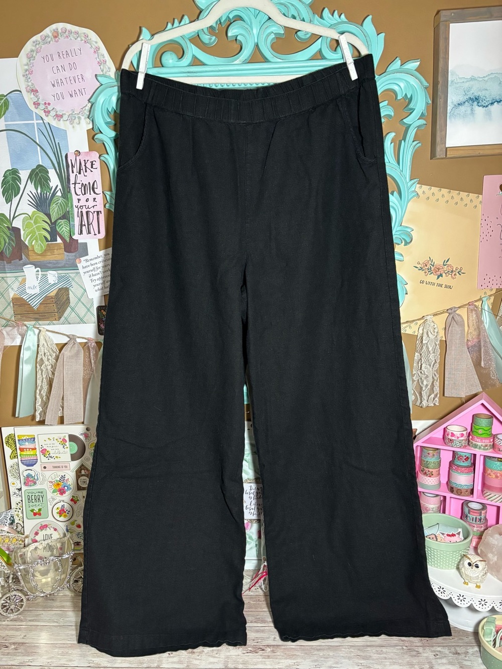 White Stag Black Wide Leg Pull On Pants Women’s Size XL 16/18 Linen Blend 2005